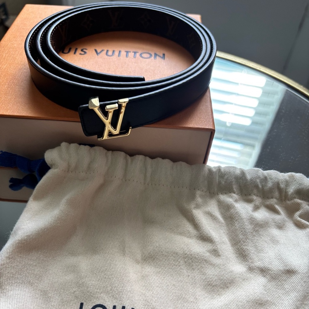 Louis Vuitton Black Leather Belt with Gold LV Buckle